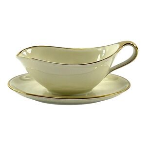 Gravy Boat Attached Underplate MCM Porcelain Cream w/ Gold Trim Bavaria Vintage